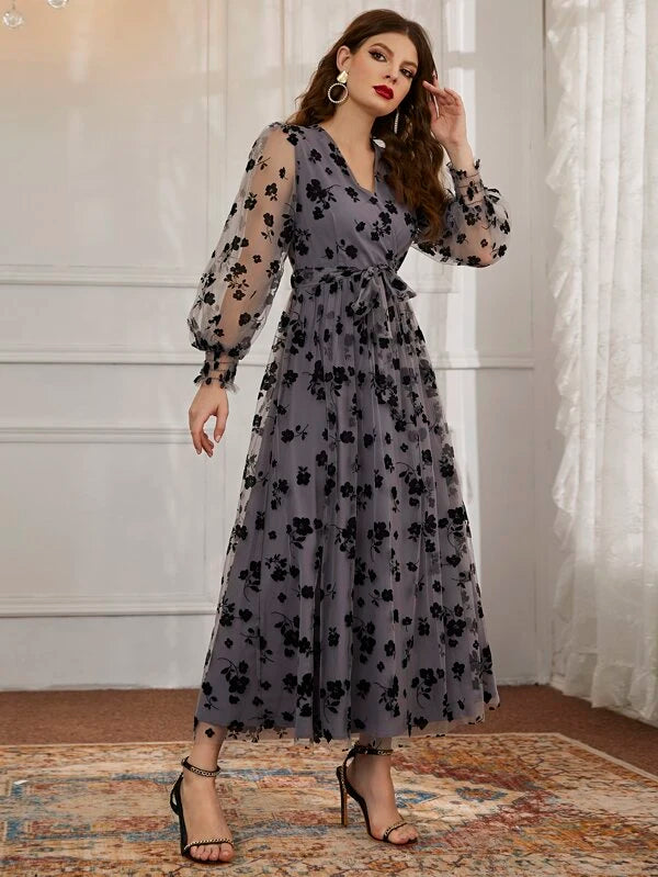 Modely Floral Mesh Belted Surplice Front Dress