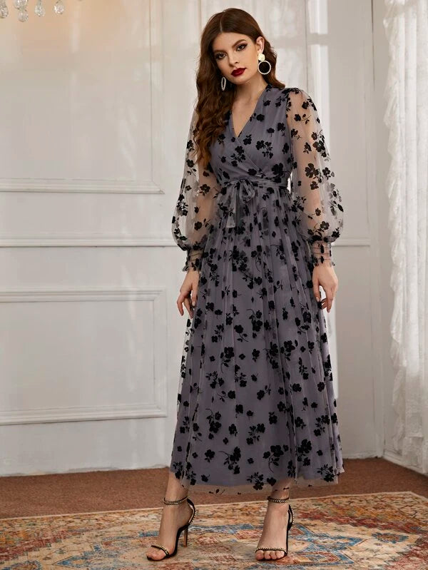 Modely Floral Mesh Belted Surplice Front Dress