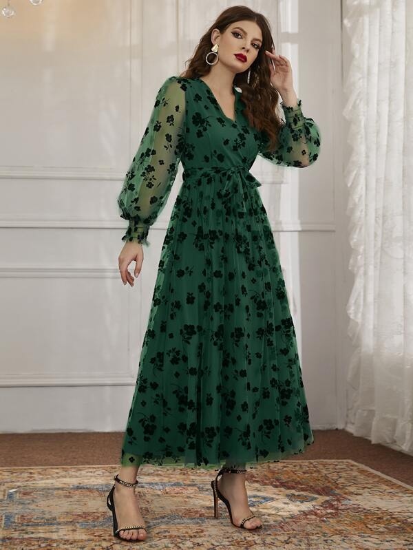 Modely Floral Mesh Belted Surplice Front Dress