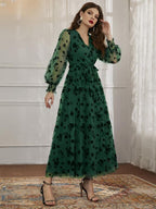 Modely Floral Mesh Belted Surplice Front Dress