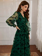 Modely Floral Mesh Belted Surplice Front Dress