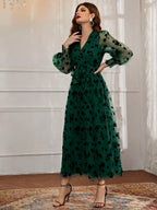 Modely Floral Mesh Belted Surplice Front Dress