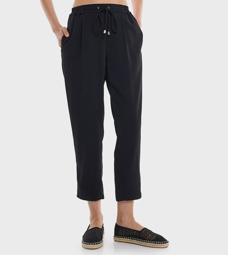 Solid Tapered Fit Pants with Drawstring Waist