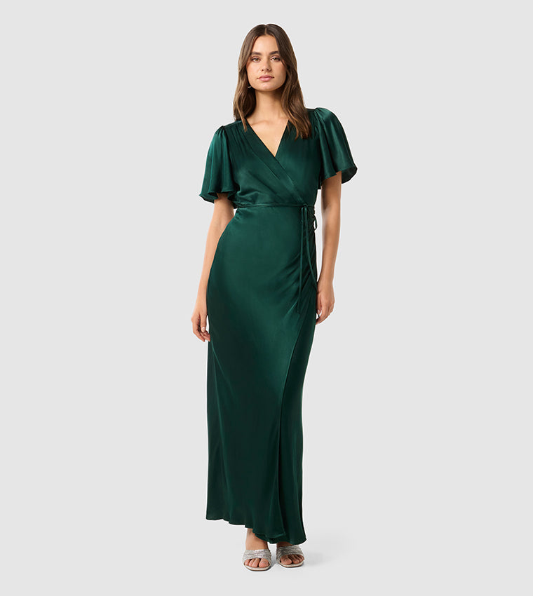 CHELSEA Flutter Sleeves Satin Maxi Party Dress