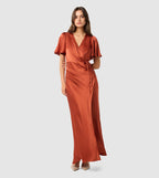 CHELSEA Flutter Sleeves Satin Maxi Party Dress