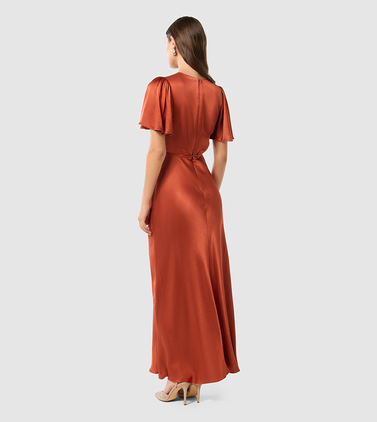 CHELSEA Flutter Sleeves Satin Maxi Party Dress