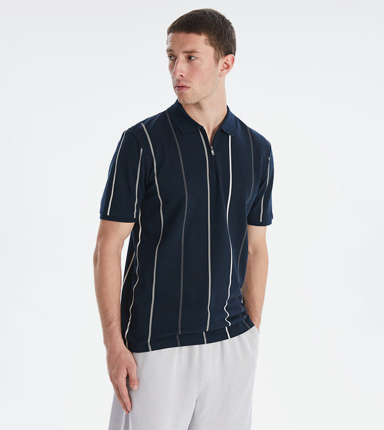 Striped Zipper Neck Polo T-Shirt