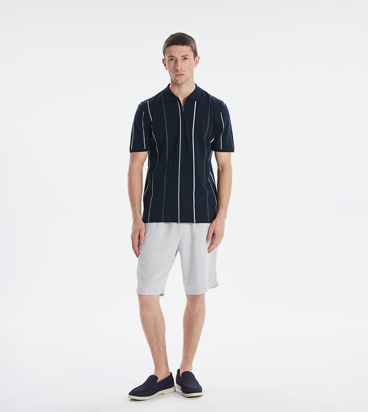 Striped Zipper Neck Polo T-Shirt
