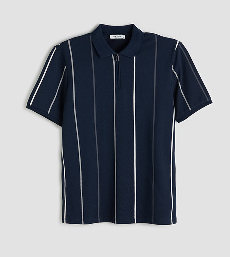 Striped Zipper Neck Polo T-Shirt